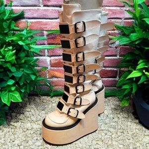 Demonia Cream Multi-Buckle Platform Boots
